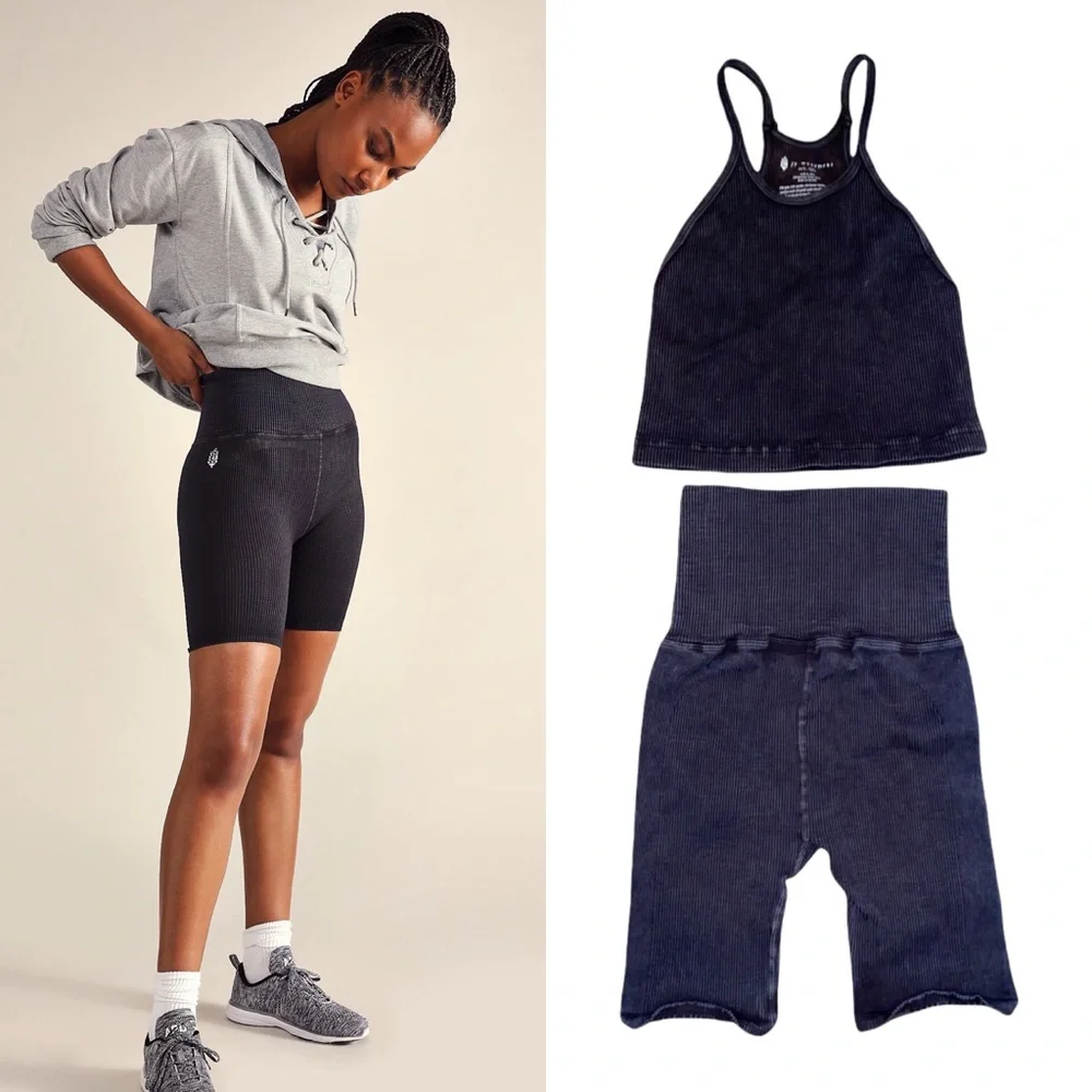 NEW Free People Happiness Runs Long Crop & Biker Short Set - Picture 1 of 10